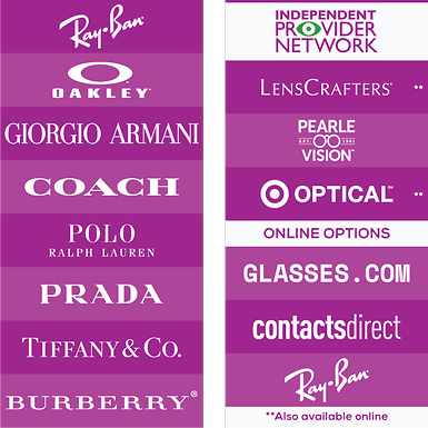 Logo lockup of Ray-Ban, Oakley, Giorgio Armani, Coach, Ralph Lauren, Prada, Tiffany & Co., and Burberry logos on the left. Logos